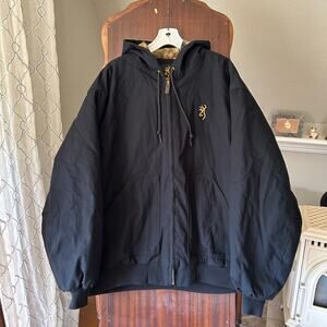 Browning Canvas Bomber Jacket Hood 2X XXL Hunting Workwear Quilt Lined Black